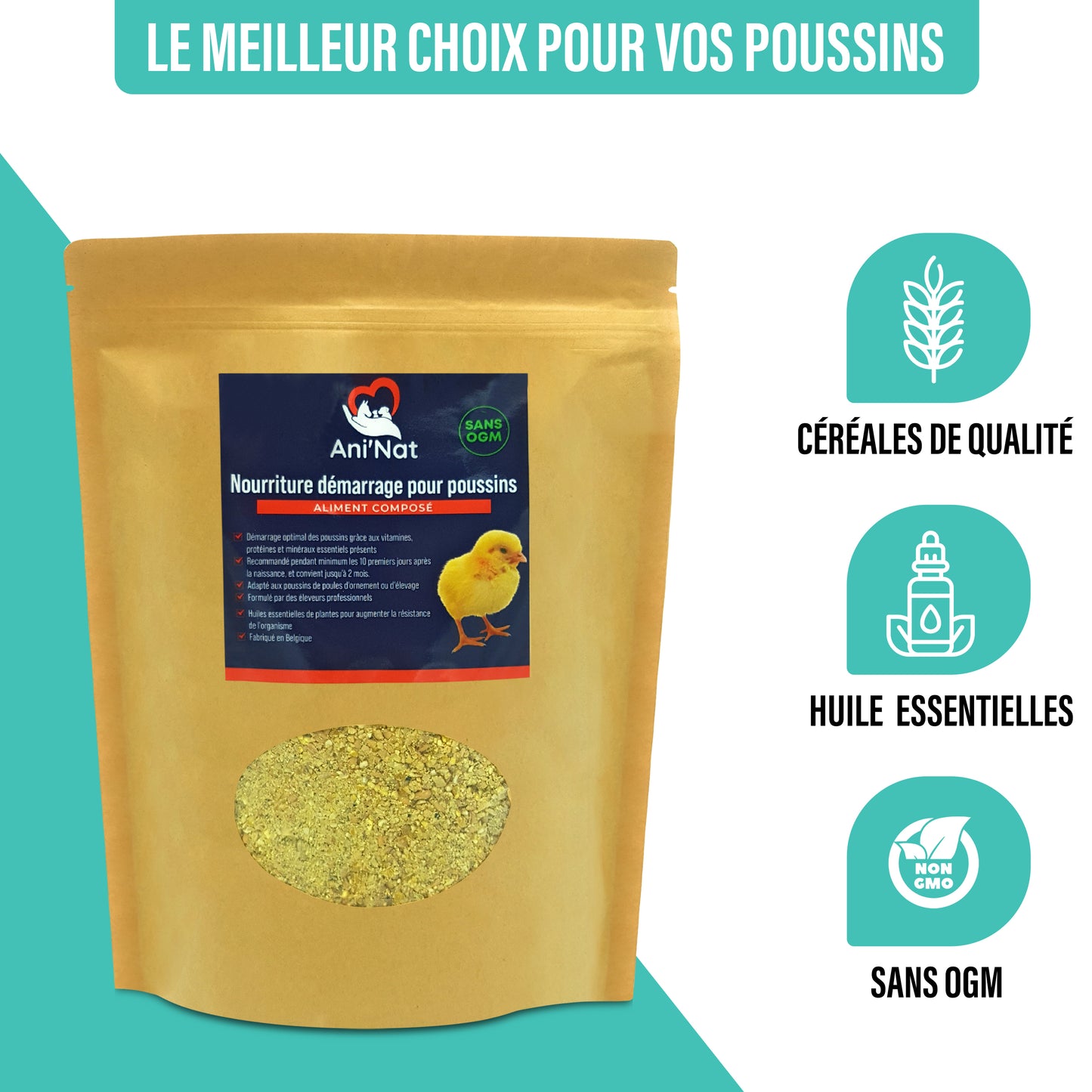 Nourriture démarrage poussins, aliment 1er âge complet avec huiles essentielles, vitamines et minéraux